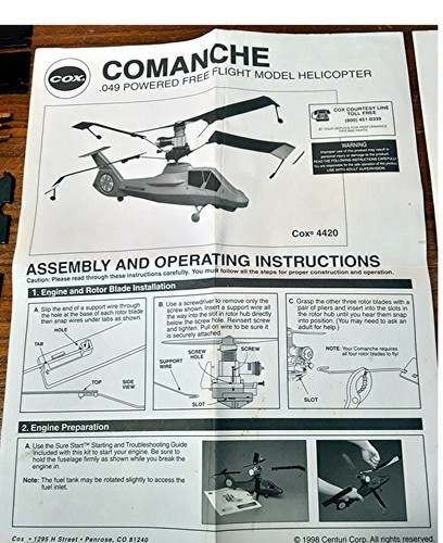 1998 Cox 049 SureStart Nitro Powered Comanche Freeflight Helicopter, Model 4421 - Picture 5 of 24