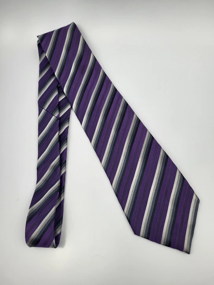 Kenneth Cole Reaction Silk Tie Purple Gray Black Stripes Men Necktie 59 x 3.3/8 - Image 2 of 4