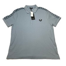 True Religion Polo Shirt Mens Large Sky Blue Damask Logo Tape Trim $79 NEW