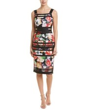 ADRIANNA PAPELL Floral Print Stripe Scuba Stretch Ribbon Trim Cocktail Dress 6