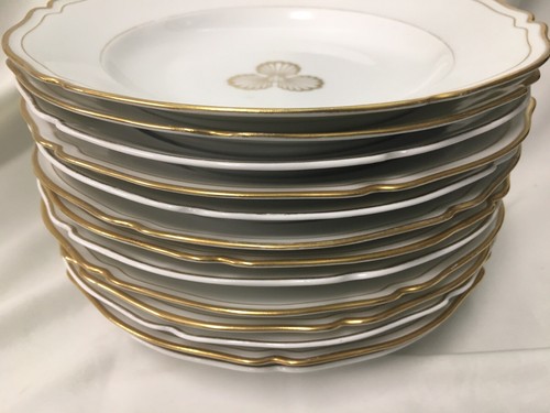 (13) Christofle Edition Limoges 10 Inch White RIMMED SOUP BOWLS w/Golden Shells - Picture 8 of 12