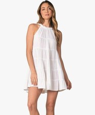 Lulus Women's Trapeze Dress Small White Sleeveless Mini Linen Blend Tie Neck NEW