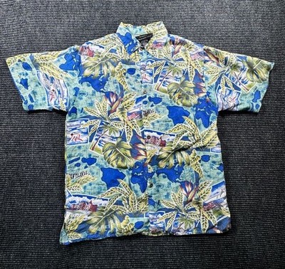 Vintage Silk Traders Hawaii Aloha Shirt Map Print 100% Silk Size Mens M Medium