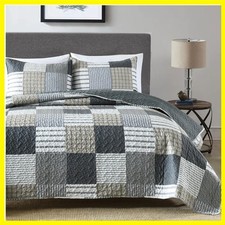 3-Piece Patchwork King Quilt Set, Lightweight Soft Bedspread Gray Coverlet 10...