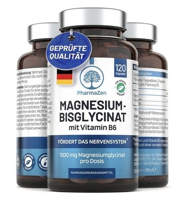 PharmaZen Magnesium Bisglycinat + Vitamin B6 120 Kapseln Vegan Hochdosiert