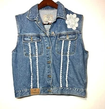 PS Gitano Beige Floral Crochet Full Button Funky Blue Jean Western Vest Sz L
