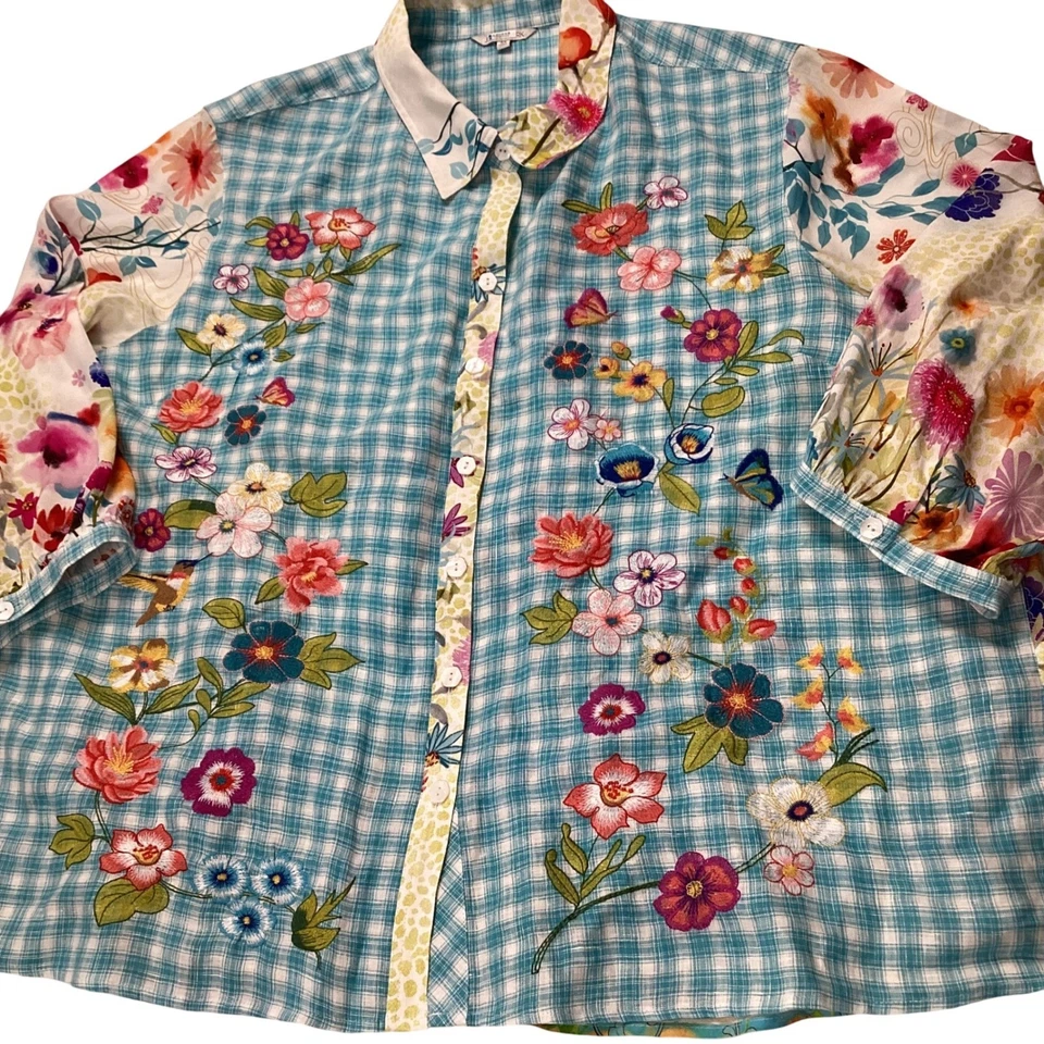 Blusa Boho John Mark 3X Bordada Guinga Floral Manga 3/4 Foto 4 de 4