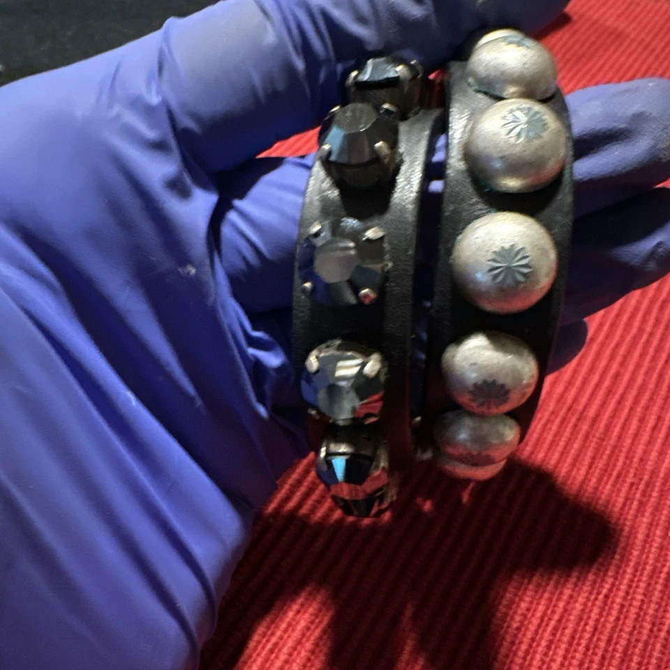 Ronald Pineau Black Leather Bracelet Vintage Stud Rhinestone Designer Sighted - Image 3 of 4