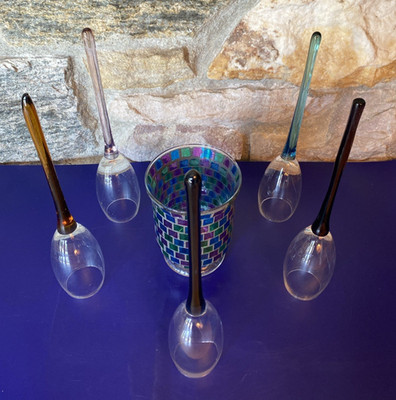 VTG Bouquet Champagne Toasting Flutes 5 Different Colored Stems w/Mosiac Vase