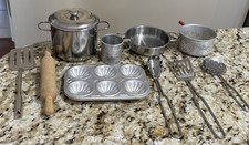 Vintage Children's Aluminum/metal Toy Kitchen Cookware Lot of 9  1 rolling pin