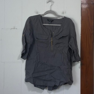 Ellen Tracy Womens Gray 100% Linen Half Zip Utility Blouse 3/4 Roll Tab Sleeve S