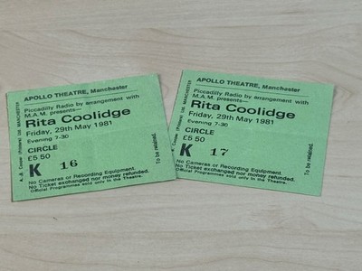 2 x Rita Coolidge Concert Tickets May 1981 Apollo Theatre Manchestet K16 & K17