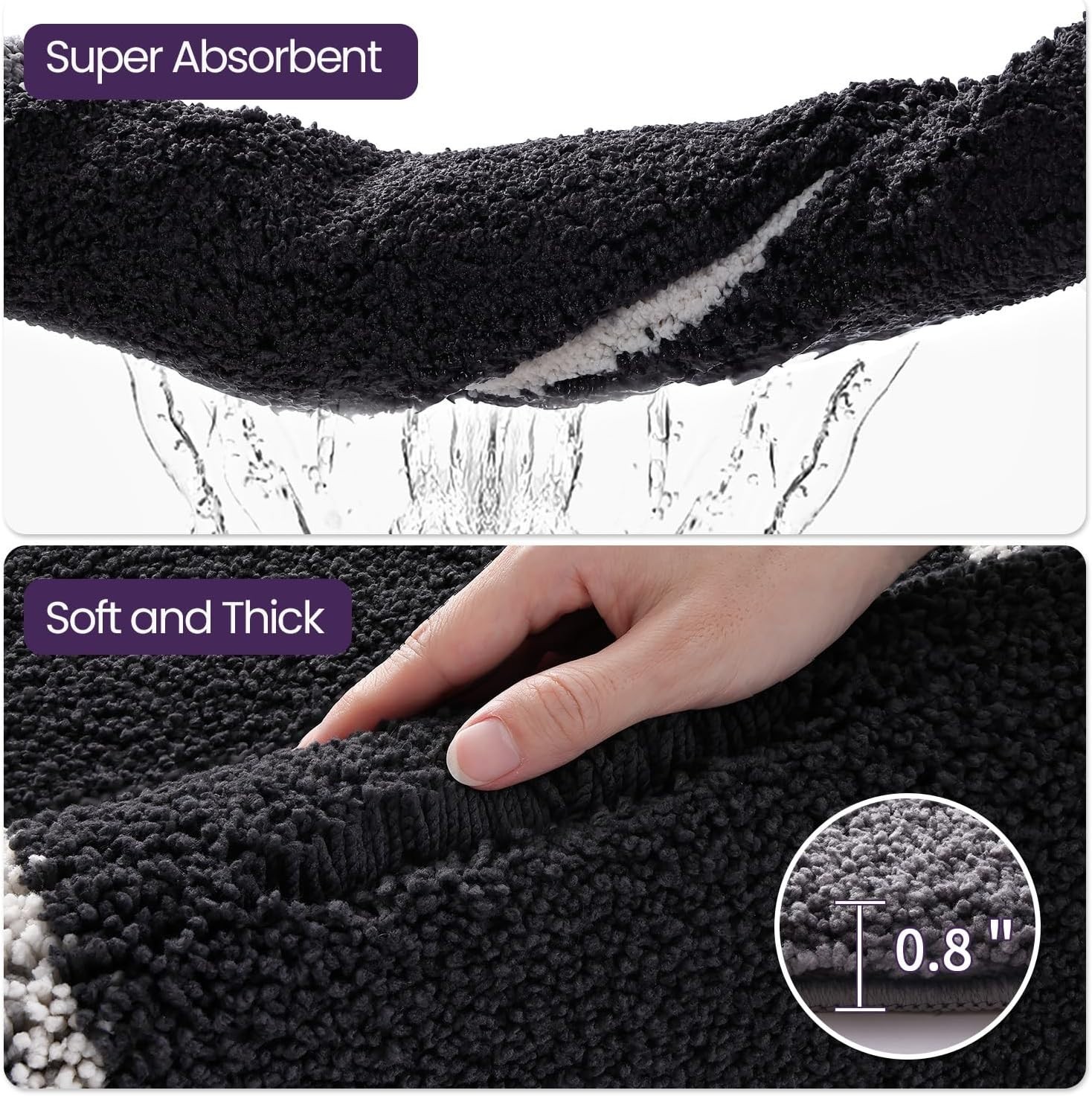 как выглядит Absorbent Microfiber Bath Mat 32x20 - Fluffy Non-Slip Design in Black and Grey фото