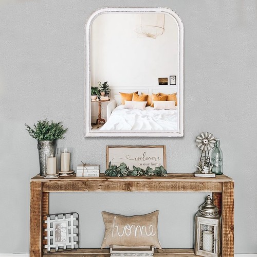 Farmhouse White Wood Framed Mirror for Wall 26 x 18 Inch Large Rounded Rectan... - Picture 5 of 7