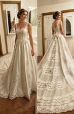 EvaGauthier Ivory Lace Bow Ball Gown Wedding Dress V-Neck Train Petites 4