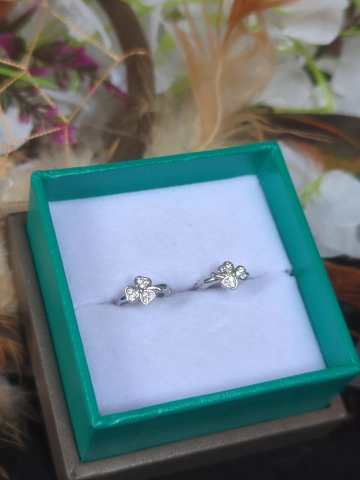 Stainless Celtic 925 3-leaf Clover Luck Hoop Earrings Lab Sapphire Created Set - Image 3 of 4