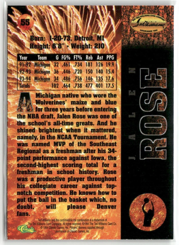 1994 TED WILLIAMS #55 JALEN ROSE MICHIGAN WOLVERINES - Image 2 of 2