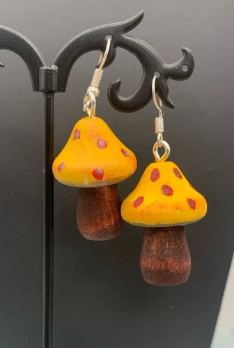 Cute Wooden Hand Painted Mushroom Earrings Boho 70’s Hippie