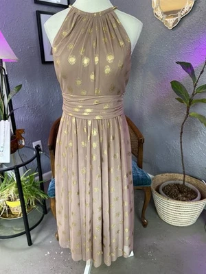 Jessica Howard Taupe And Gold Shimmery Polka Dot Semi Sheer Halter Dress Size 6 - Image 1 of 4