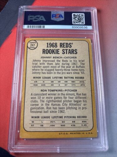 1968 Topps Johnny Bench Rookie RC PSA 2 Reds #247 Rookie Stars W Ron Tompkins - Picture 2 of 2