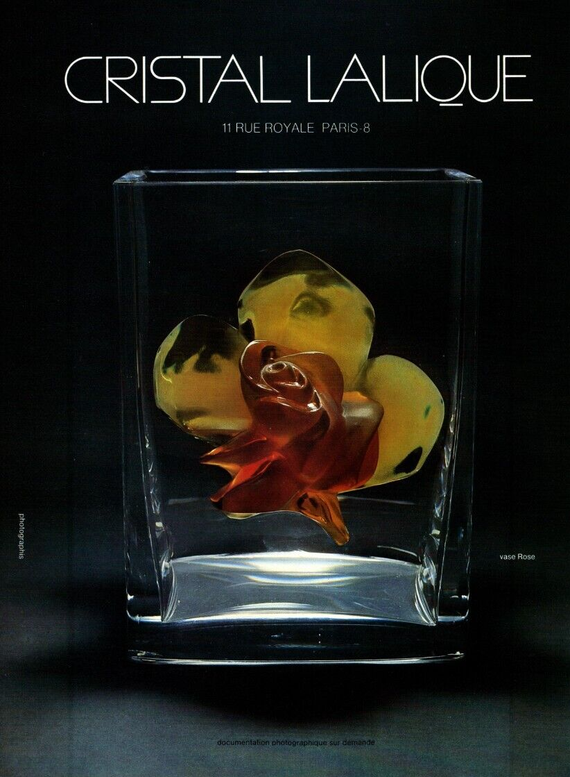 1976 CRISTAL LALIQUE / ROSE VASE PRINT AD, FRANCE, LEAD CRYSTAL