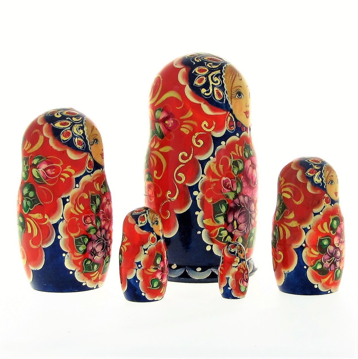 5 Poupées Russes Gigognes Matriochkas - H14cm - Peintes Main Signées - Artisanat Russe
