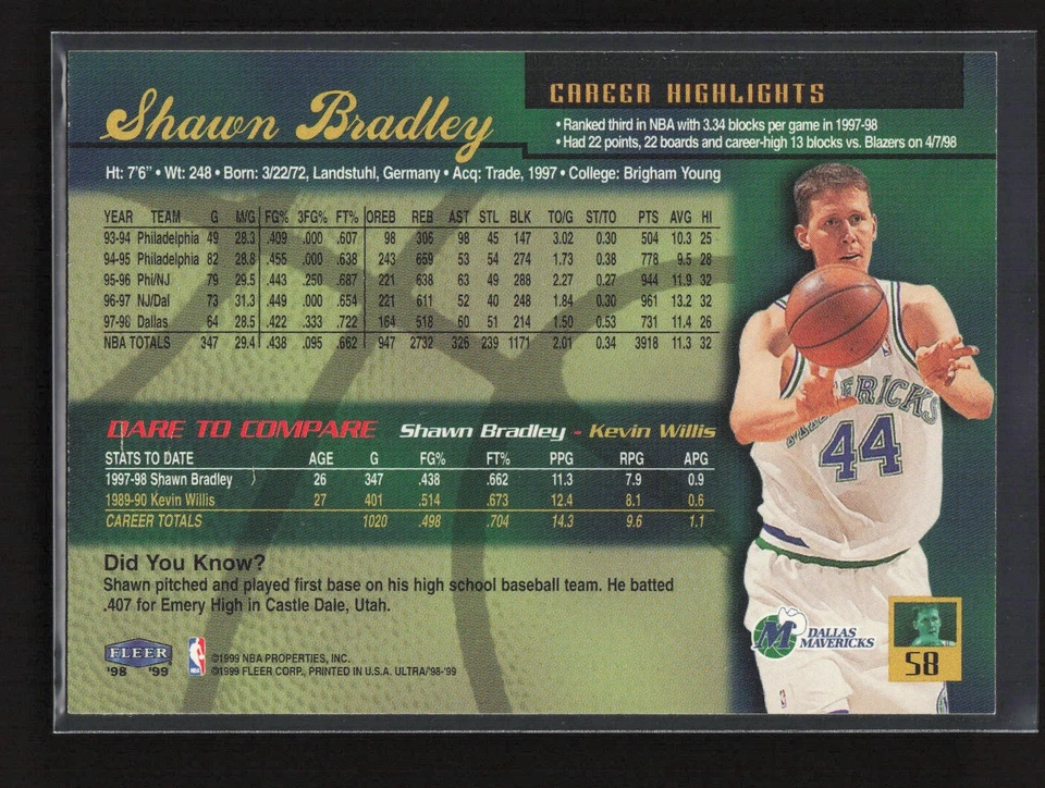 1998-99 Fleer Ultra Shawn Bradley #58 Dallas Mavericks - Image 2 of 2