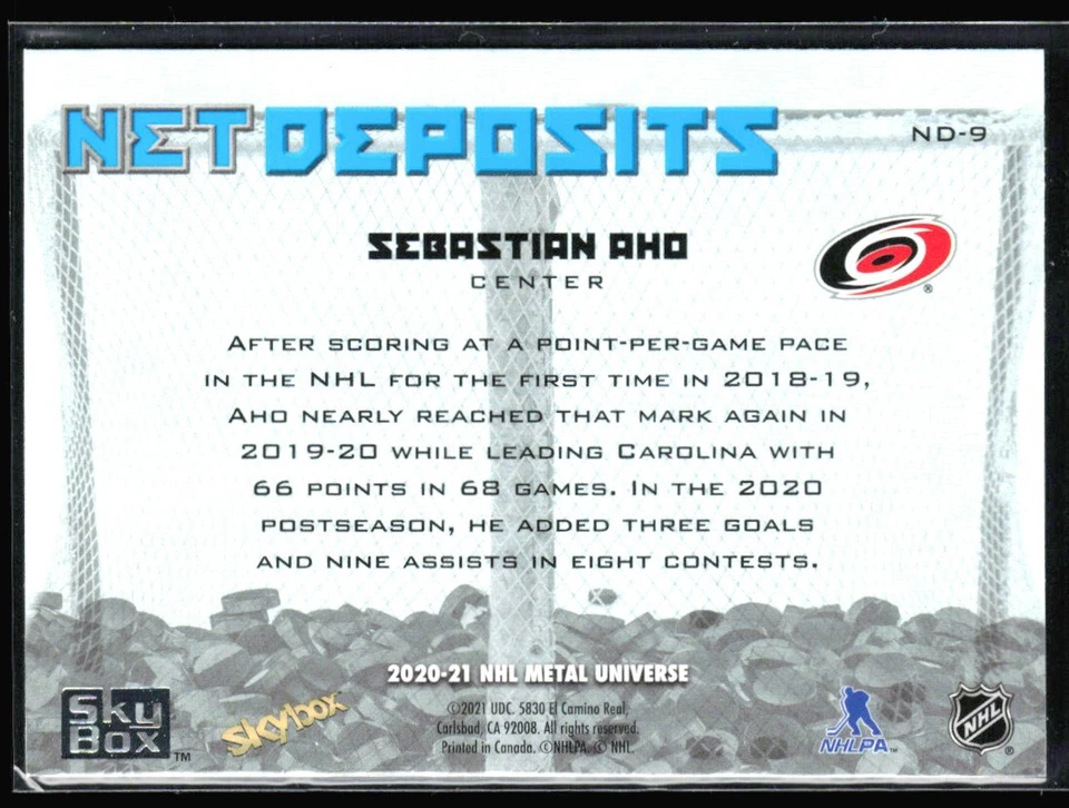 2020-21 Skybox Metal Universe Net Deposits Sebastian Aho #ND-9 H5R3A - Image 2 of 2