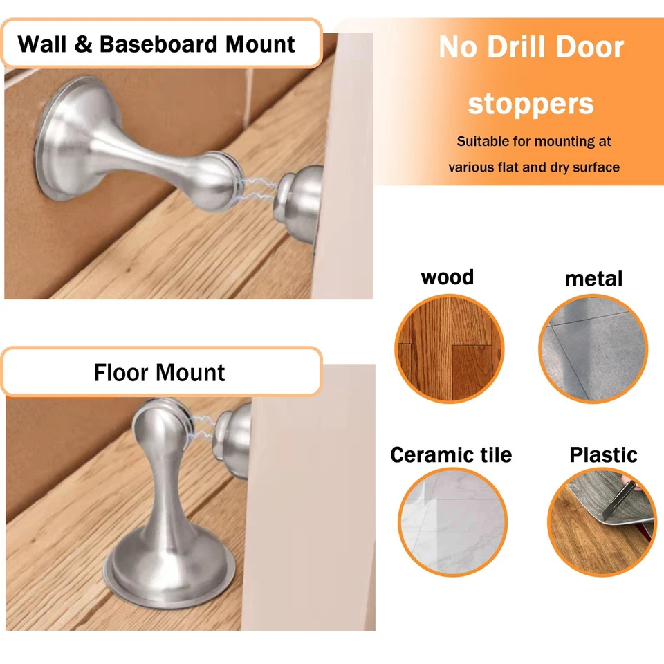 Paquete de 6 tapones de puerta magnéticos sin taladro de níquel cepillado tapón de puerta magnético Foto 2 de 4