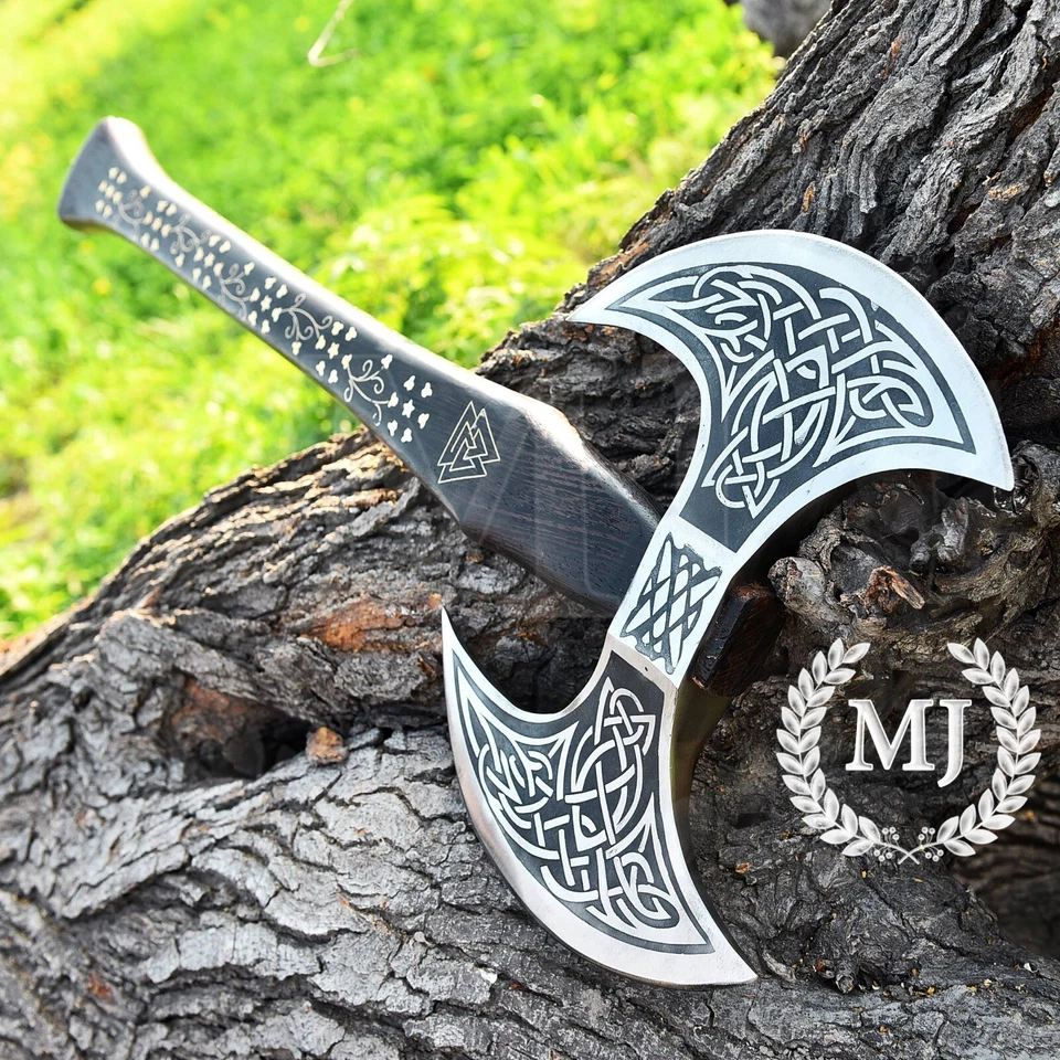 Hecho a mano personalizado, acero de alto carbono, doble cabeza, hacha vikinga, hoja grabada, Foto 4 de 4
