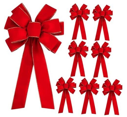 8 Large Christmas Bows with Golden Edges, 30.7x10.6 Inches, Red Holiday Decor