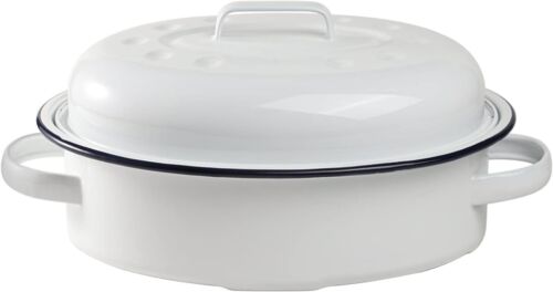 Enameled Roasting Pan with Lid, Covered Roaster Pan Oval Pot Enamelware