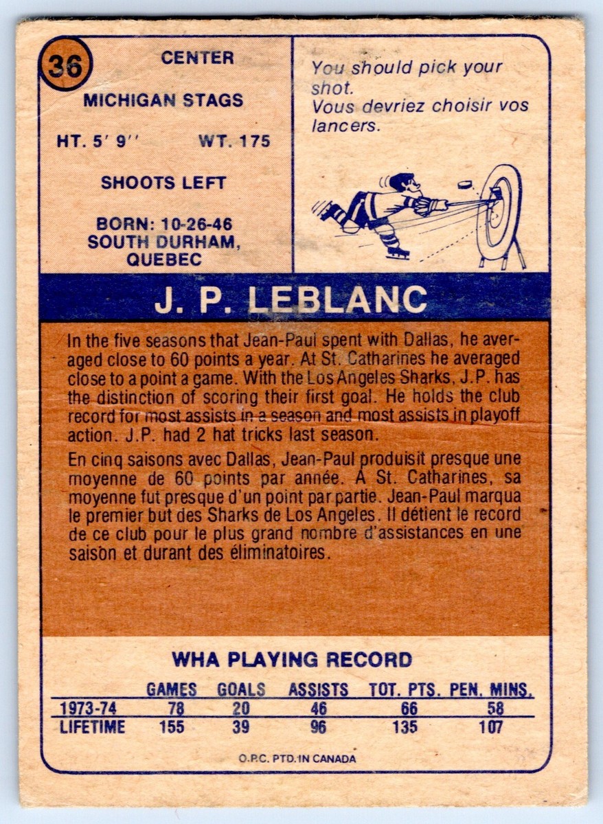 J.P. LEBLANC RC 1974-75 O-PEE-CHEE WHA 74-75 NO 36 VG+ 46656 | eBay