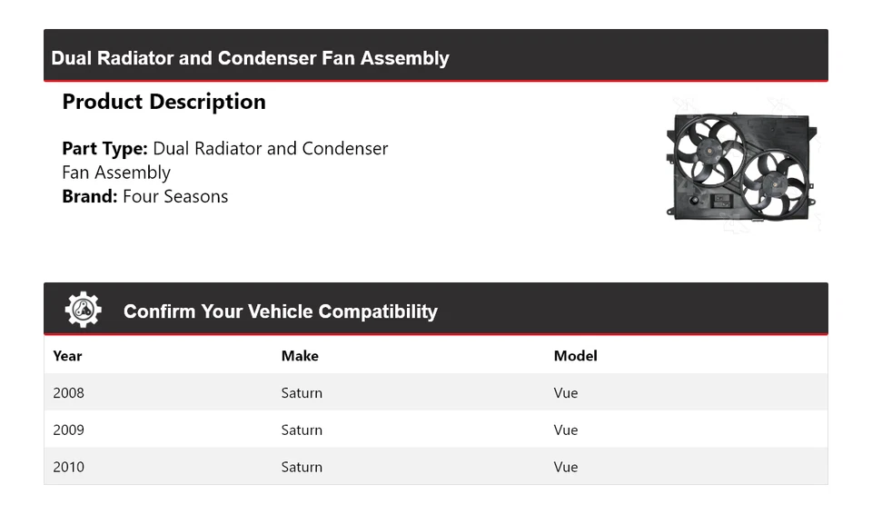 Conjunto de ventilador condensador y radiador doble Saturn Vue 2008-2010 4 estaciones 2009 Foto 2 de 4