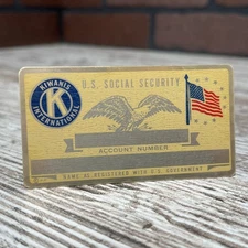 Vintage Metal Kiwanis International Social Security ID Card Stampable Name Plate