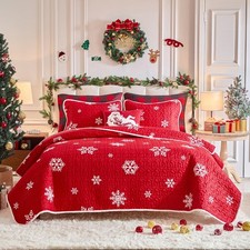 Christmas Quilt Set 3 Pieces King Size, White Snowflake on Red Xmas Holiday Desi