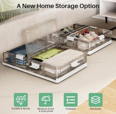 Clear plastic storage containers under the bed with lids