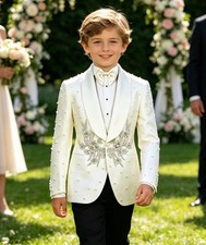 Ring Bearer Boys Jacquard Suit Tuxedo Jacket Handcrafted Floral Applique Pearl