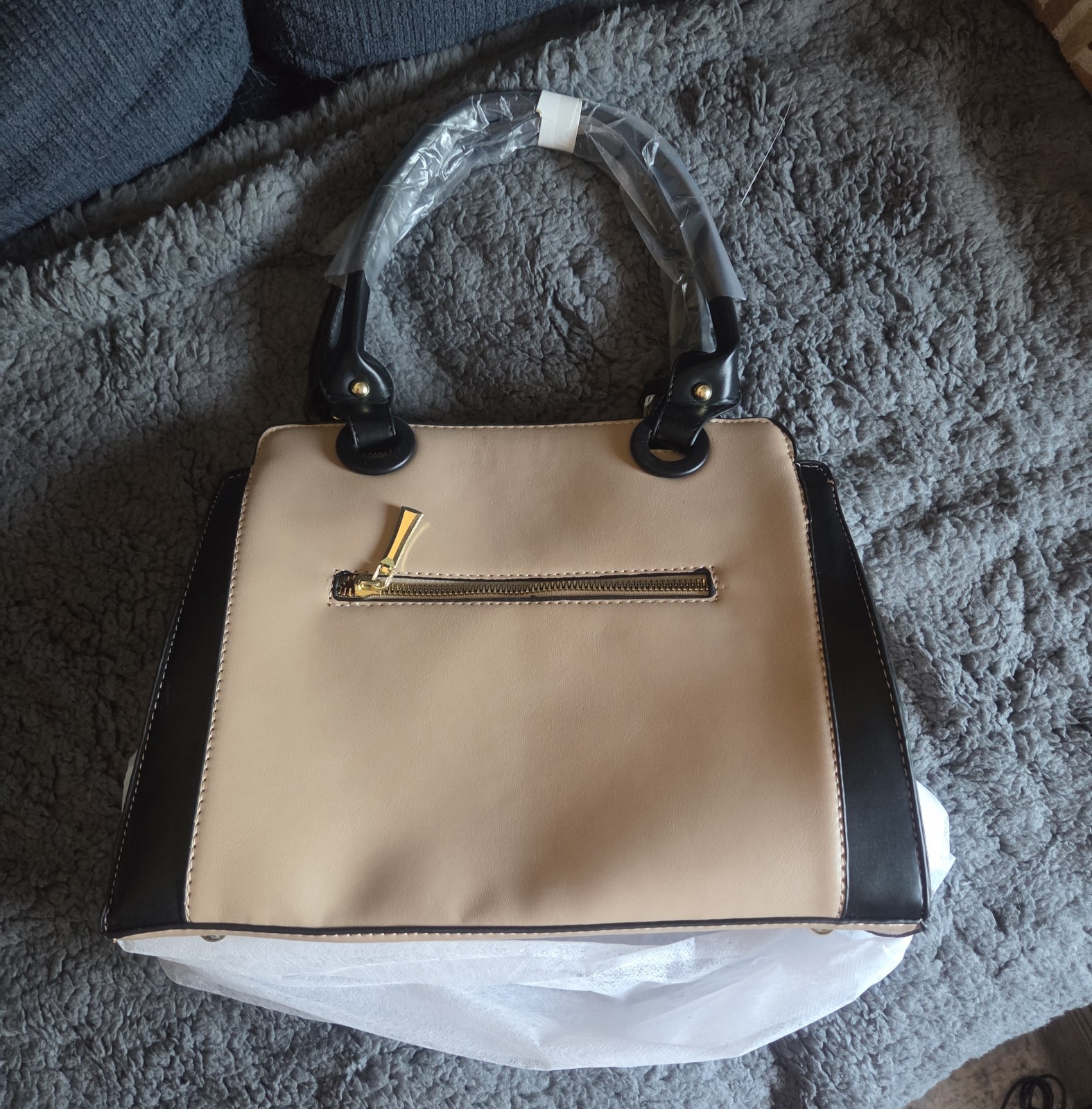 Beige/Black Colorblock Satchel Top Handle Zip, & Detachable Crossbody