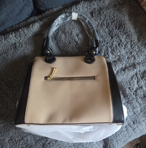 Beige/Black Colorblock Satchel Top Handle Zip, & Detachable Crossbody