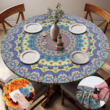Fitted Mandala Round Tablecloth Waterproof Patio Table Cloths for 45-54" Tables