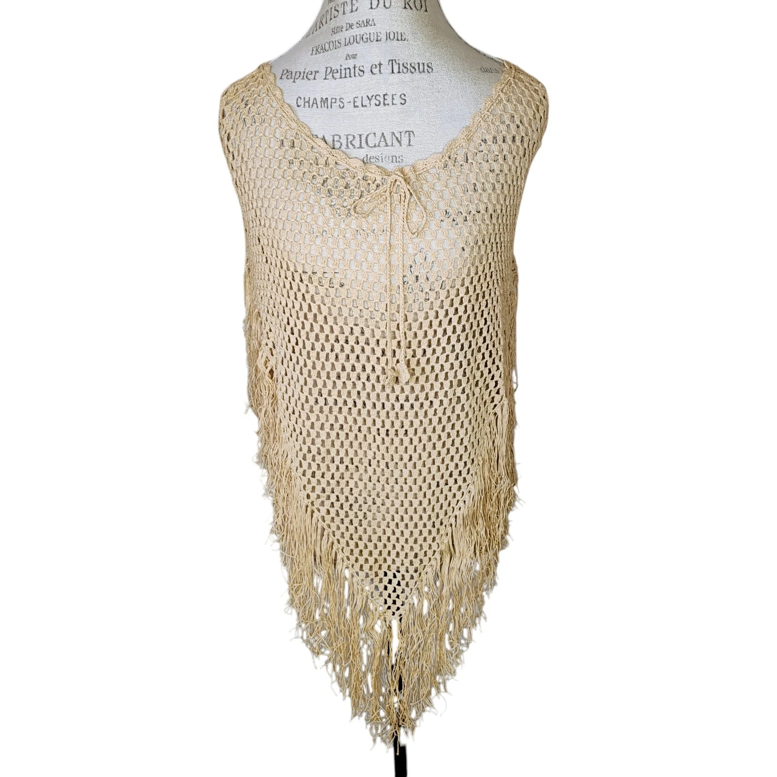 Forever 21 Crochet Poncho Womens S/M Beige Fringe Y2K Open Knit Boho Festival