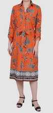 NY Collection Womens Orange 3/4 Roll Tab Sleeve Belted Shirtdress Petite Size PM