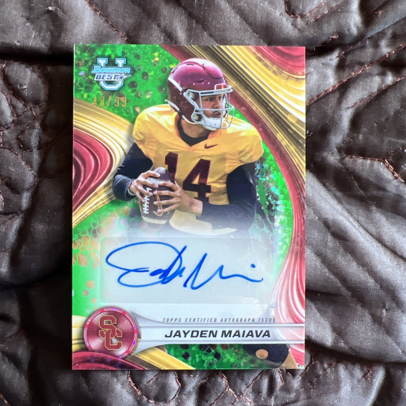 Jayden Maiava 2024 Bowman Best University Green Mini Diamond Auto /99 48/99