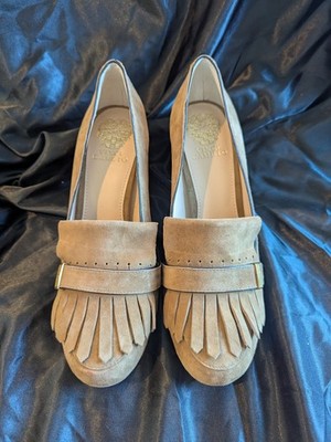 Vince Camuto Triss Kiltie Pump. Camel Color Block Heel Suede Tassles Sz 9.5M