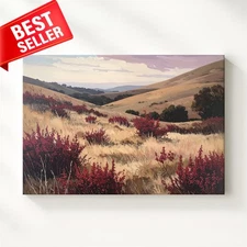 Windswept Hills Autumnal Landscape Canvas Red Wild Shrubs Paintin Some Wall Art