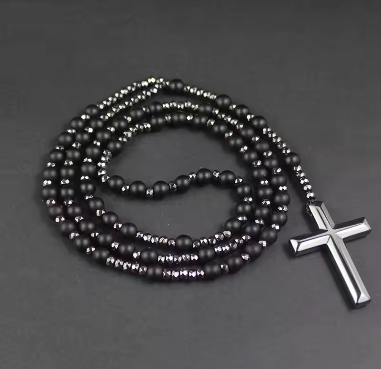 Black Natural Stone Bead Rosary Necklace with Cross for Catholic Church Gift