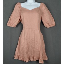 Womens L Pink Textured Stripe Sweetheart Neck Puff Sleeve Ruffle Hem Mini Dress