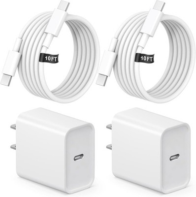 Fast Charging USB-C Charger Block 10FT 2-Pack for iPhone 16/17