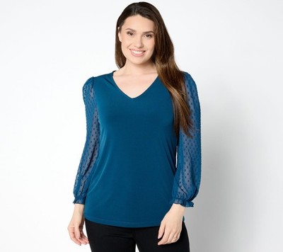 Susan Graver Occasions Liquid Knit V-Neck Top with Novelty Sleeves Mallard Blue